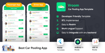 Car Pooling Android App template + iOS App Template | 2 Apps Rider + Driver | Flutter 2| Vroom
